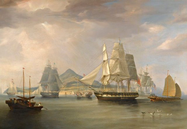 Opium ships off the coast of China, painting by 1824 by William John Huggins